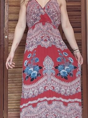 Angie Red Floral Maxi Dress with Blue Accents